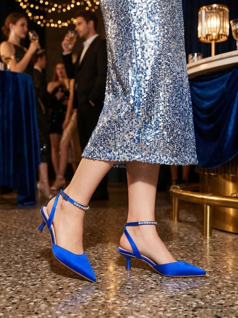 Women's Blue Satin Closed Pointed Toe Rhinestone Ankle Strap Wedding Pump Shoes